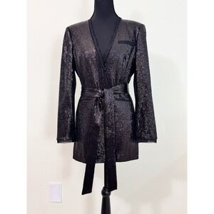 Rachel Zoe‎ Sz 2 Ozur Sequin Smoking Jacket Black Long Sleeve Blazer Tie Belt